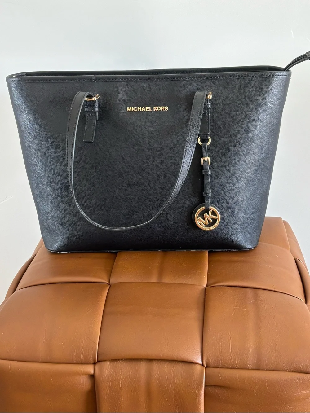 Michael Kors Black Saffiano Leather Tote with Gold Logo Charm